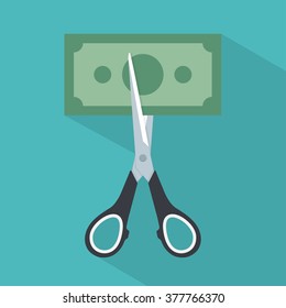 Cut price icon concept. Scissors cutting money bill in half. Vector illustration in flat style