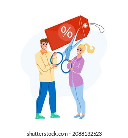 Cut Price Seasonal Special Offer In Store Vector. Woman Holding Tag And Man Cut Price Label With Scissors Accessory. Characters Cutting Rate And Sale Discount Flat Cartoon Illustration