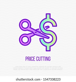 Cut price thin line icon: scissors cutting dollar sign. Special offer. Modern vector illustration.