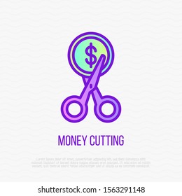 Cut price thin line icon: scissors cutting dollar coin. Special offer. Modern vector illustration.