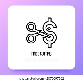 Icono de línea delgada de precio de corte: tijeras cortando el signo del dólar. Oferta especial. Ilustración vectorial moderna.