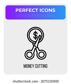 Icono de línea delgada de precio de corte: tijeras cortando moneda en dólares. Oferta especial. Ilustración vectorial moderna.