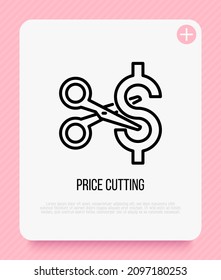 Cut price thin line icon: scissors cutting dollar sign. Special offer. Modern vector illustration.