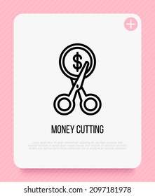 Cut price thin line icon: scissors cutting dollar coin. Special offer. Modern vector illustration.