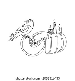 Cut pumpkin with burning candles and crow one line art. Continuous line drawing of halloween theme, gothic, harvest, autumn mood, bird.