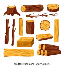 Cut raw wood trunks and planks of pine oak tree on isolated white background set. Vector doodle hand drawn graphic design illustration