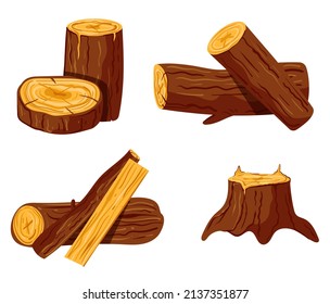 Cut raw wood trunks and planks of pine oak tree on isolated white background set. Vector doodle hand drawn graphic design illustration