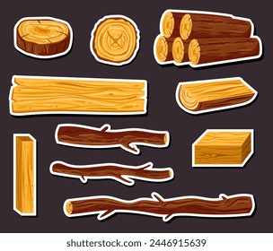 Cut raw wood trunks stickers and planks of pine oak tree on isolated white background set. Vector doodle hand drawn graphic design illustration