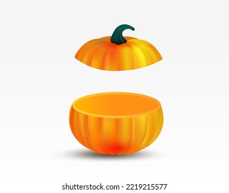 Cut realistic orange color pumpkin isolated on white background. Two pieces of pumpkin. 3D object for design. Vector illustration.