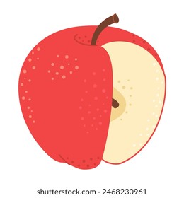 Icono de dibujos animados de manzana roja. Corte transversal de manzana cortada, rebanadas de fruta, dibujado a mano estilo plano de moda aislado en blanco. Snack vegetariano saludable, manzana cortada para el diseño, infografía. Ilustración vectorial