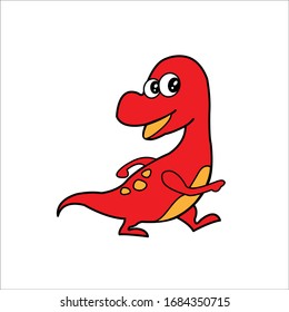 Cut Red Baby Dinosaur Cartoon Walk, Vector Illustration