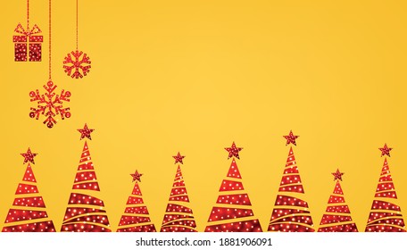 Cut red Christmas trees with gifts and snowflakes. Yellow background. Vector illustration.