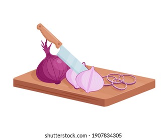 Cut red onion on chopping board isometric vector illustration. Cartoon 3d knife cutting vegetable on wooden kitchen board, healthy food cooking, dinner preparation with chopped onion isolated on white