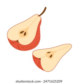 Cut red pear cartoon icon. Cross section of cut fresh, juicy red pear, slices fruit, Hand drawn trendy flat style isolated on transparent background. Healthy vegetarian snack. Vector illustration