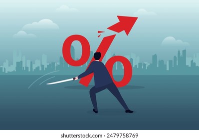 Cut or reduce inflation by monetary policy, FED, federal reserve or central bank increase interest rate to control inflation to acceptable level concept, businessman cut percentage sign with sword.