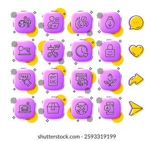 Cut ribbon, Airplane mode and Online voting line icons. App 3d buttons. Social media comment, share, like icons. Pack of Eco power, Dating, Fake information icon. Vector