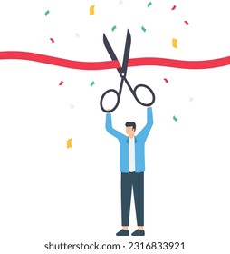 Cut ribbon to start a new business, Startup business, New product ceremony, Business celebration event, Businessman holding scissors

