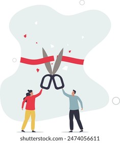 Cut ribbon to start new business, startup launch new product ceremony or great beginning celebration event.flat illustration.