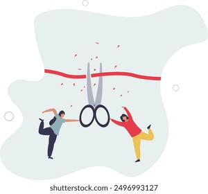 Cut ribbon to start new business, startup launch new product ceremony or great beginning celebration event.flat design.illustration with people.