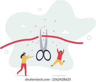 Cut ribbon to start new business, startup launch new product ceremony or great beginning celebration event.flat characters.