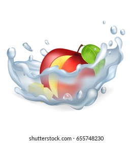 Cut ripe red apple with leaf drops in clean water with big splash isolated realistic vector illustration on white background.