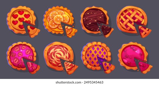 Cut round tart with triangle piece and crumbles. Cartoon vector illustration set of top view on fresh sweet delicious baked pie with fruit, berry and chocolate filling, dough crust and lattice.