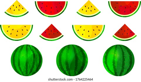 cut and round watermelon, red and yellow, illustration, vector