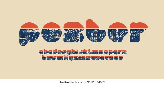 Cut rounded font, alphabet with texture, letters and numbers made in old style, vector illustration 10eps