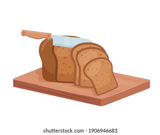 Cut rye bread isometric vector illustration. Cartoon chef knife cutting bread loaf made from rye flour on kitchen board, chopped food, sliced loaf bakery shop product on wooden plank isolated on white