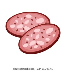 Cut salami slices vector. Cartoon drawing of pepperoni or meat product isolated on white background. Food, meat, shopping concept