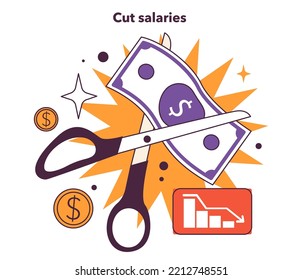 Cut salaries. Effective financial optimization in conditions of economic stagnation. Economic activity decline, business-saving actions. Flat vector illustration