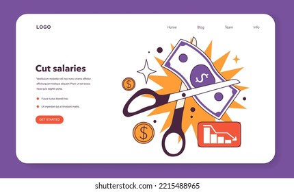 Cut salaries web banner or landing page. Effective financial optimization in conditions of economic stagnation. Economic activity decline, business-saving actions. Flat vector illustration