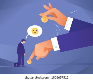 Cut Of Salary - Metaphor Business Illustration. Huge Hand Of Employer Takes Away Coin From Tiny Employee, Offers Lowest Wage. Decrease In Income Of Worker. Reduce Pay Concept. Wage Cut