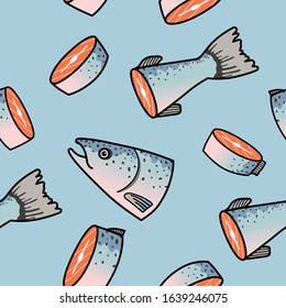 Cut salmon seamless pattern vector. sliced pieces of steaks. Fresh fish from sea, orange fillet. Gourmet meal in cartoon style.On light blue background.