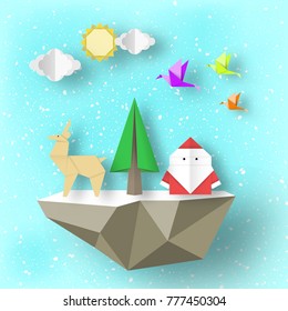 Cut Santa Claus, deer and tree on polygonal soaring islands paper origami Christmas nature scene. Handwork abstract Xmas concept cutout fragments for templates. Vector Illustrations Art Design.