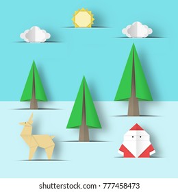 Cut Santa Claus, deer, tree in paper pockets origami Christmas nature scene. Childish abstract Xmas applique concept with cutout fragments for papercut templates. Vector Illustrations Art Design.