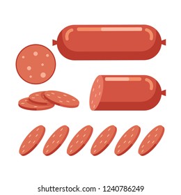 Cut sausage slices piece. Fresh meat concept. Vector flat cartoon design graphic illustration icon