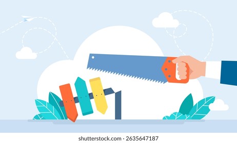 Corte com uma serra sinalética de madeira com sinais de seta está mostrando várias direções, simbolizando diferentes escolhas no caminho da vida. Ilustração vetorial