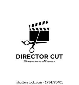 Cut Scene behind the scene Studio Movie Video Cinema Cinematography Film Production concept scissors that cut the film strip logo design vector icon illustration Isolated White Background	
