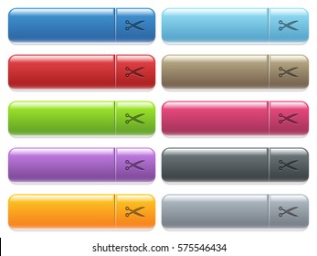 Cut with scissors engraved style icons on long, rectangular, glossy color menu buttons. Available copyspaces for menu captions.