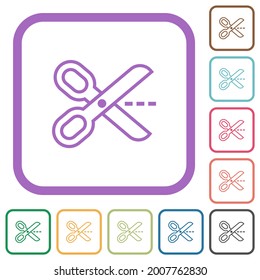 Cut with scissors outline simple icons in color rounded square frames on white background