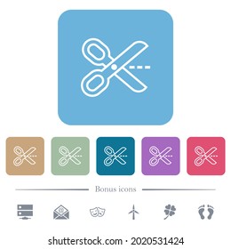 Cut with scissors outline white flat icons on color rounded square backgrounds. 6 bonus icons included
