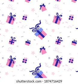 Cut seamless pattern of gift boxes and confetti. Flat illustration in pink and blue colors for new year, x-mas, celebration and shopping. Packaging