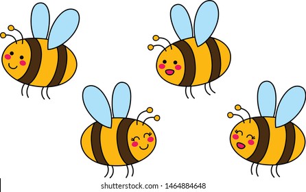 Cut set of cartoon bees hand drawn childish. Vector illustration.