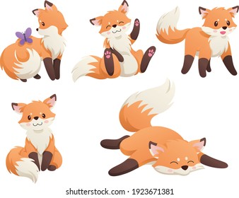 
Cut set of cartoon with a cute little fox and butterfly hand drawn childish. Vector illustration.