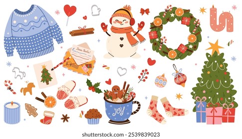 Cut Set of Christmas elements. Cozy Winter cartoon vector collection. Illustration of  warm knitted sweater, Christmas tree, snowman, gingerbread, cocoa. Vector flat illustration of winter holiday 