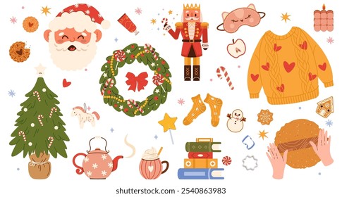 Cut Set of Christmas elements. Cozy Winter cartoon vector collection. Illustration of warm knitted sweater, Christmas tree, snowman, gingerbread, cocoa. Vector flat illustration of winter holiday