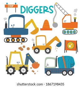 A cut set of Construction vehicles and other site illustrations.