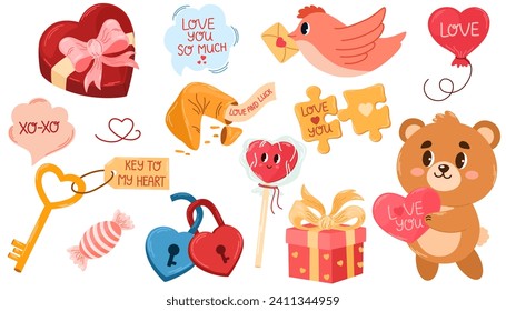 Cut set of romantic elements for Valentine's day. Teddy bear, fortune cookies, gift, lollipop, key, box of chocolates, pigeon with a letter, puzzle and hearts. Vector illustrations