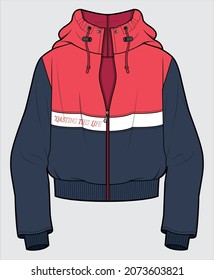 CUT AND SEW DETAILED HOODED CROPPED JACKET WITH LAYERED SLEEVES DETAIL DESIGNED FOR WOMEN AND TEEN GIRLS IN VECTOR ILLUSTRATION